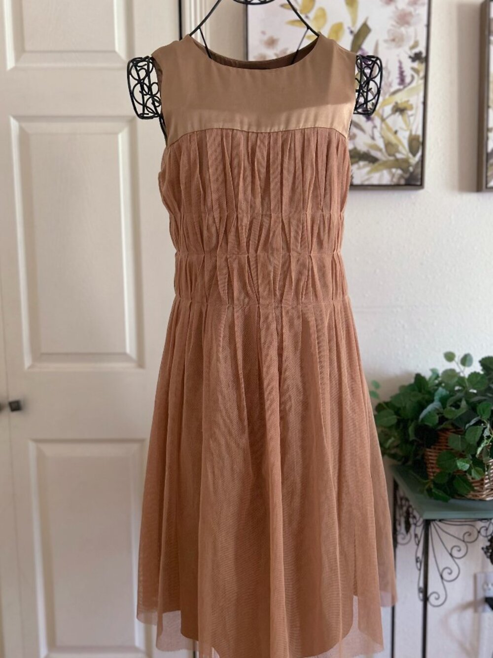 Ports 1961 Sleeveless Tan Mesh Midi Dress